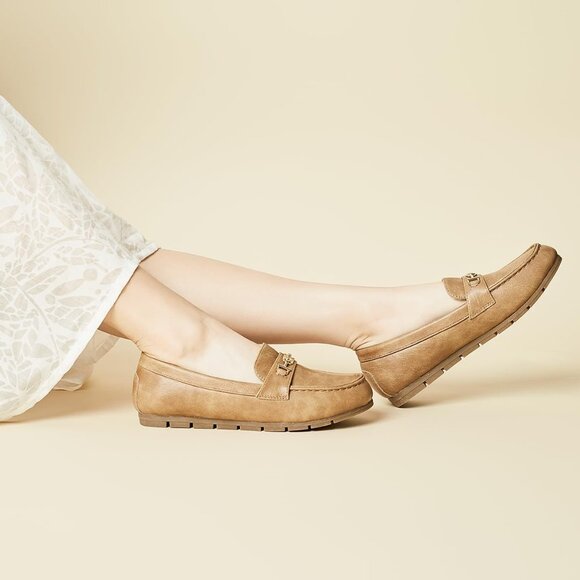 Women Khaki Polyurethane Accent Buckle Leisure Slip On Walking Flats Shoes - Picture 4 of 9